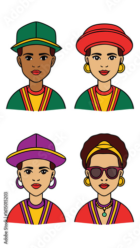 Diverse people wearing colorful hats and outfits faces