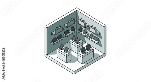 Electronics store display with laptops on shelves