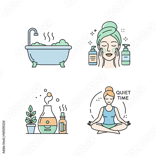 Relaxing Spa and Wellness Icons Bath Skincare Aromatherapy Meditation.