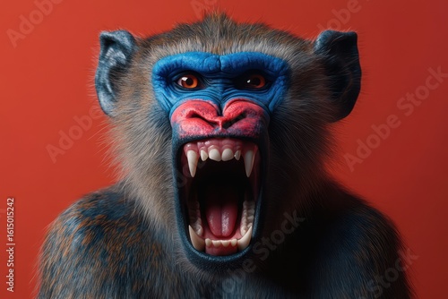 Fierce baboon snarling with colorful face markings