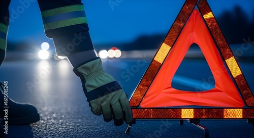 A man places a red reflective warning triangle on the road at night. Roadside assistance and accident safety concept.