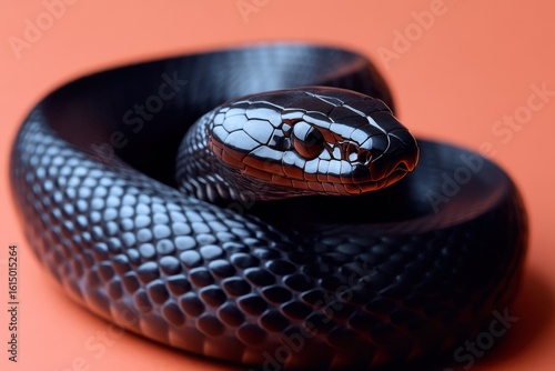 Coiled black mamba with sharp fangs and piercing eyes