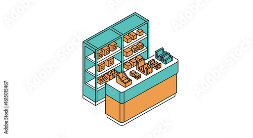 Candy shop display with boxes and shelves