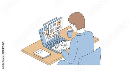 Person working on laptop with book and coffee