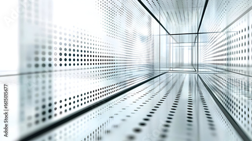 Modern, minimalist hallway with glass panels and dotted patterns.  Perspective creates a sense of depth and futurism