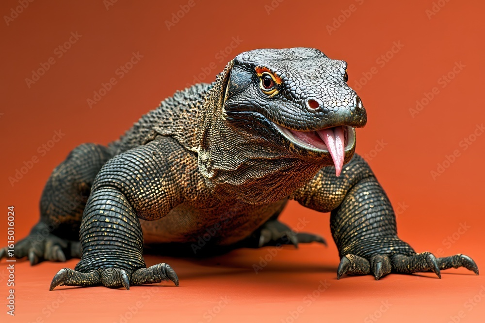 Fototapeta premium Komodo Dragon Flicking Tongue with Sharp Claws on Solid Background