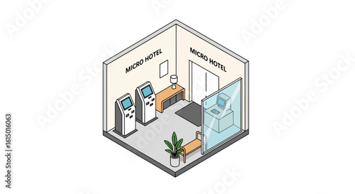 Micro hotel lobby with self check-in kiosk and reception