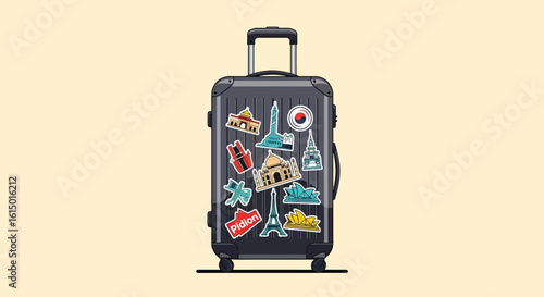 Upright dark grey travel suitcase with retractable handle adorned with colorful international landmark stickers vector art.