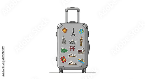 Upright grey rolling suitcase decorated with colorful travel stickers of world landmarks.