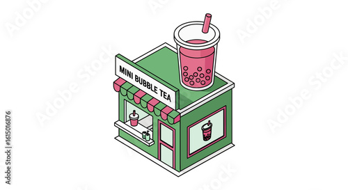Mini bubble tea shop isometric view with drink