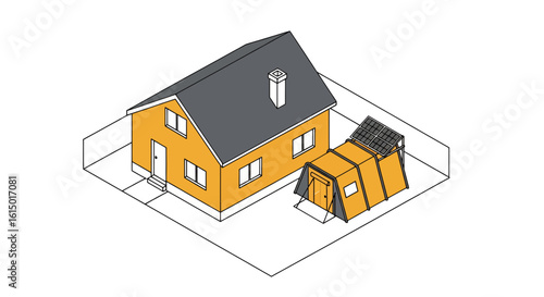 House with solar panels and shed isometric view