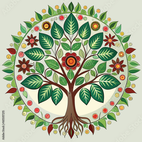 Stylized Tree of Life Illustration with Floral Accents and Circular Border Design