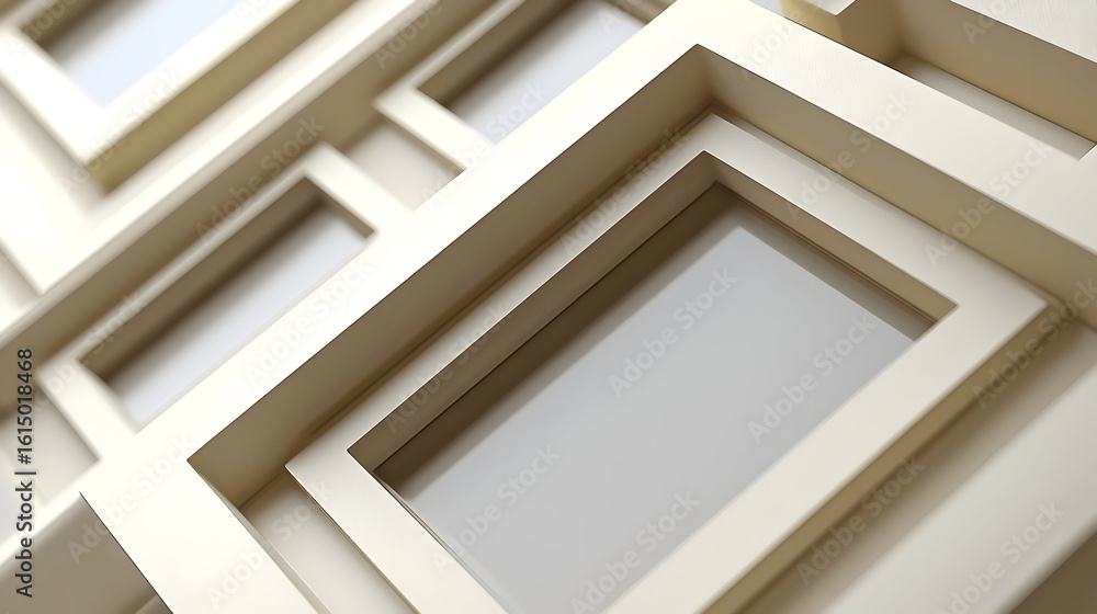 Obraz premium Abstract architectural facade, stacked rectangular frames, light beige tones, geometric design