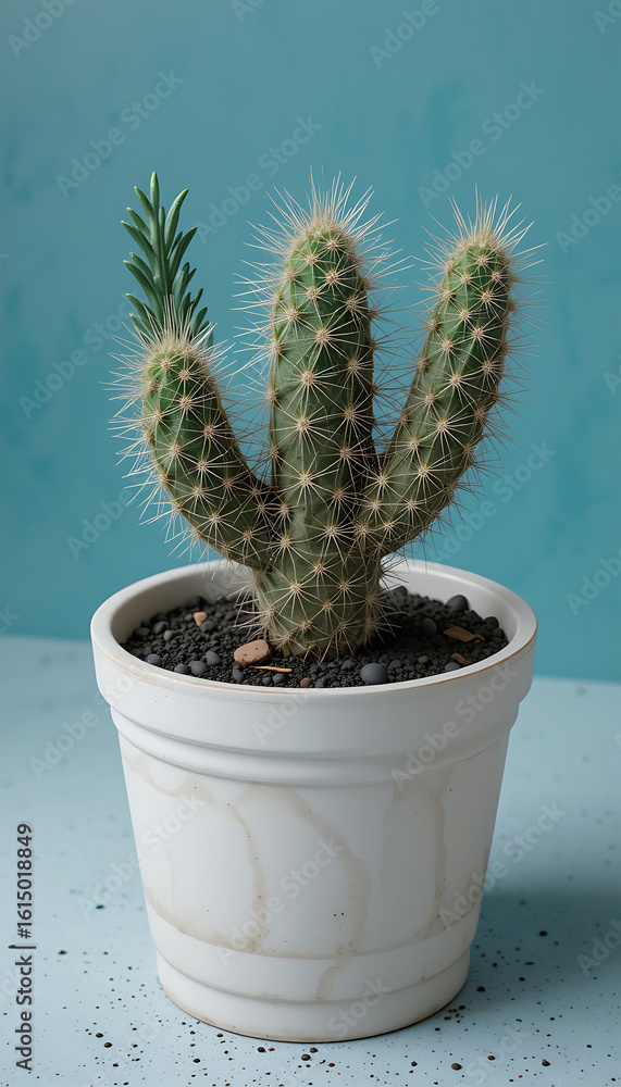Close up of a cactus in a white pot against a blue background with a rosemary sprig attached Close up of a cactus in a white pot against a blue background with a rosemary sprig attached
