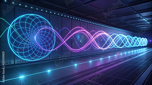 Abstract glowing energy wave and sphere in futuristic tunnel