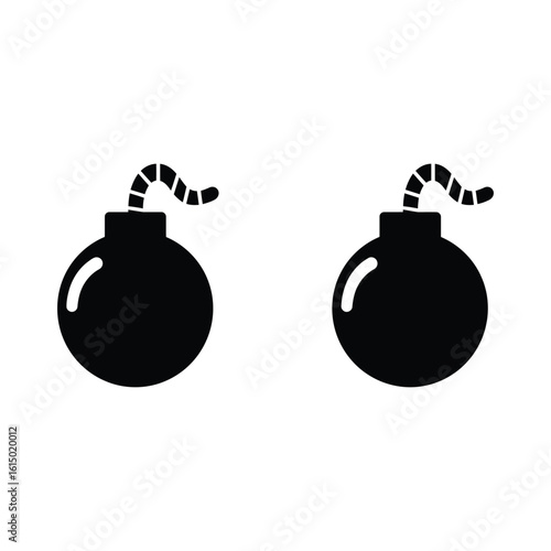 Two Simple Black Bomb Icons with Lit Fuses on a White Background