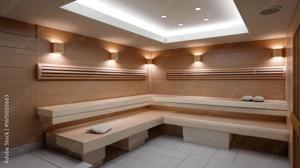 Fototapeta premium Scandinavian-style sauna with light wood, minimal decor, and soft diffused lighting for a calming effect.