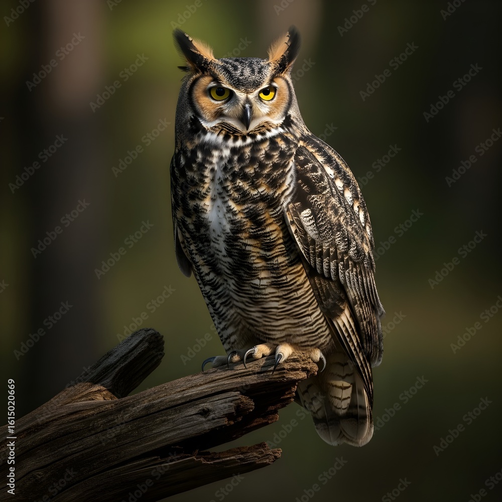 Obraz premium Majestic Great Horned Owl Perched on a Weathered Branch Observing with Intense Golden Eyes in a Serene Forest Setting
