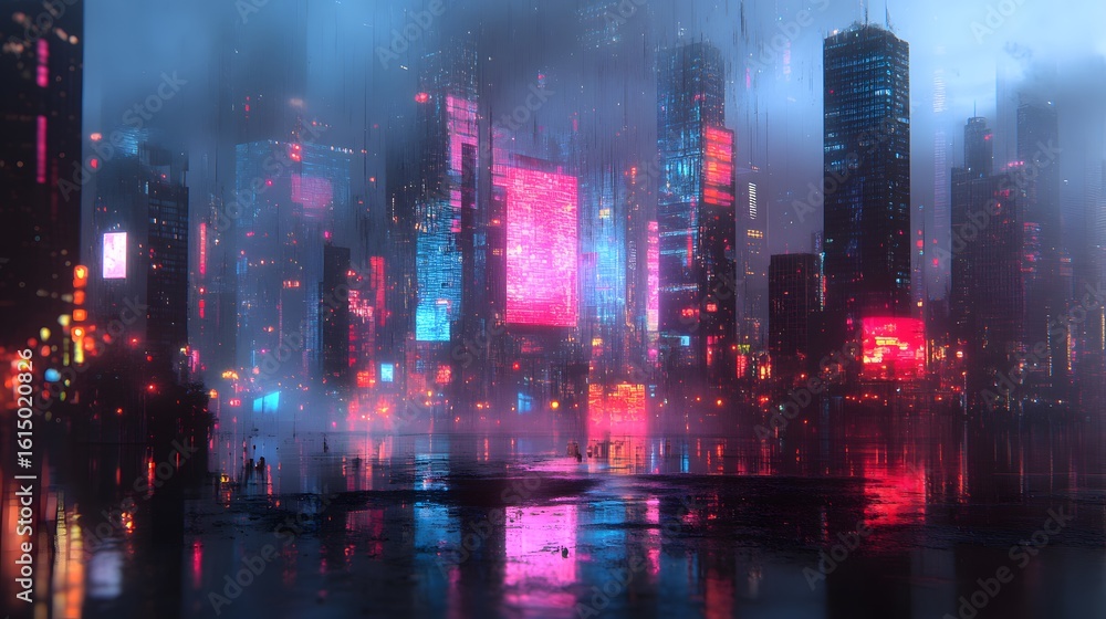 Fototapeta premium Neon-lit futuristic city reflected in a wet urban landscape.