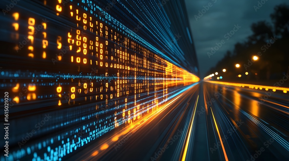 Fototapeta premium Digital data stream flows along a highway at night.