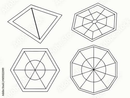Geometric shapes with radial symmetry and divisions