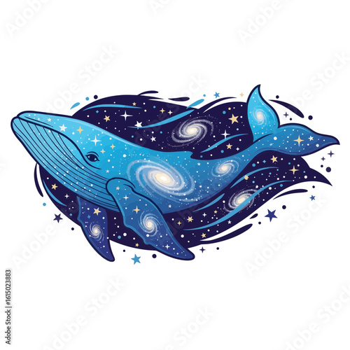 A blue whale illustration swimming through a cosmic background filled with stars and galaxies, creating a surreal and imaginative scene.