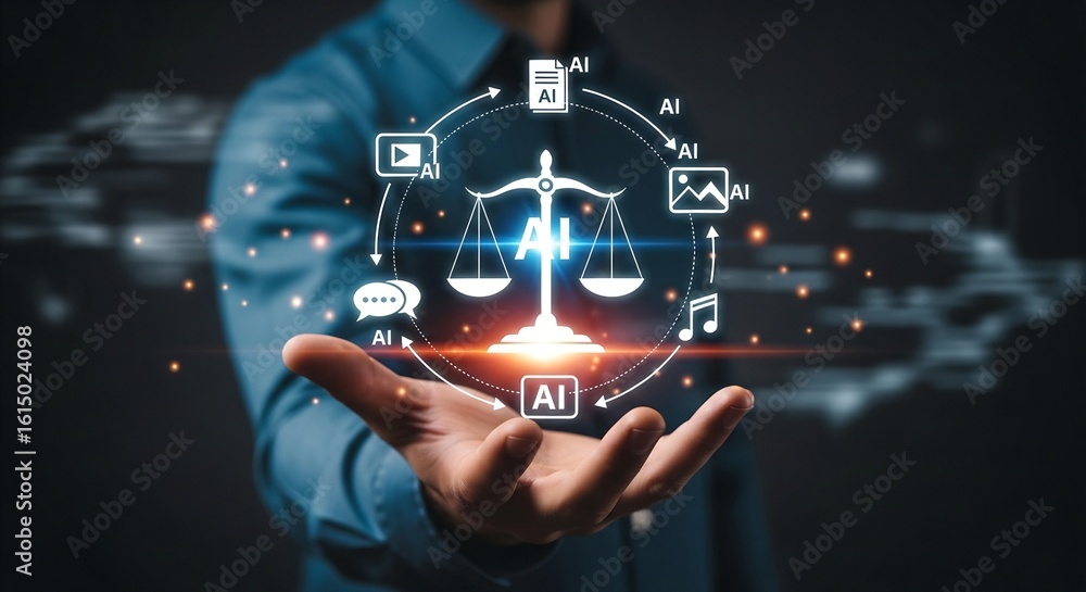Fototapeta premium A hand presents a digital scale surrounded by ai icons, representing the balance of artificial intelligence, ethics, and responsible technology