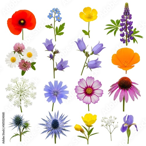 Assorted Flowers on White Background Including Poppy, Lupine and Iris