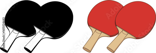 High-res illustration of two red table tennis paddles with beige handles, overlapping on a white background. Perfect for sports, games, recreation, hobby and activity-themed designs. Isolated PNG