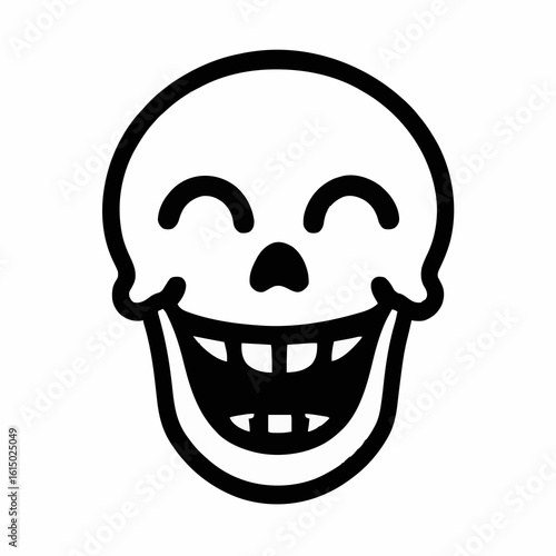 A simple black line drawing of a laughing skull face with a wide grinning mouth showing teeth.