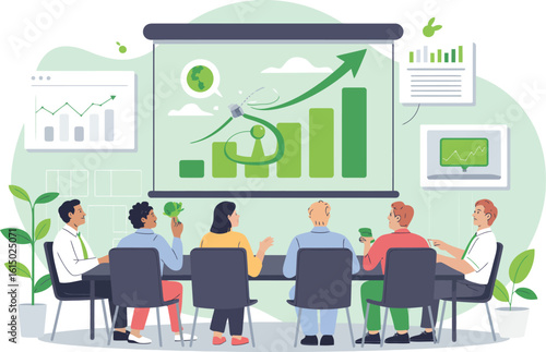 Sustainable Business Meeting with Green Growth Presentation and Diverse Team