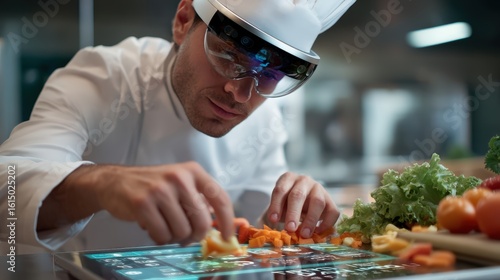 Chef is preparing food on a tablet with a virtual reality headset on