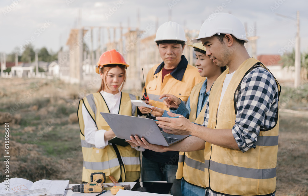 Male and female engineers who are Asian professionals in the construction industry focus on village design and architecture to create sustainable houses for people to rent and sell. Male and female engineers who are Asian professionals in the construction industry focus on village design and architecture to create sustainable houses for people to rent and sell.