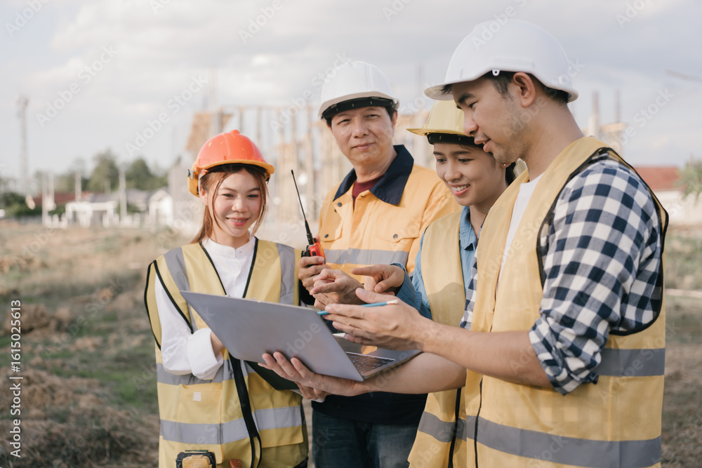 Male and female engineers who are Asian professionals in the construction industry focus on village design and architecture to create sustainable houses for people to rent and sell. Male and female engineers who are Asian professionals in the construction industry focus on village design and architecture to create sustainable houses for people to rent and sell.
