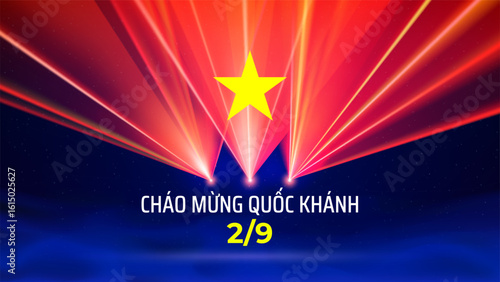 September 2, vietnam independence day. Vietnamese flag laser light show. National holiday. Laser beams, dj light party. Vector greetings card. Translation September 2nd Independence Day