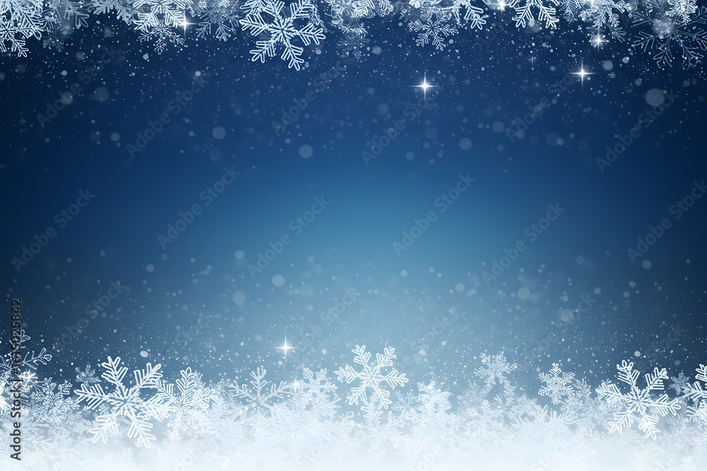 Obraz premium A winter-themed background with a deep blue gradient, featuring a scattering of white snowflakes and small sparkles at the top, digital art, Blue winter background with snow and snowflackes.