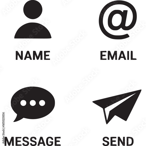 Contact information icons: name, email, message, and send on transparent background