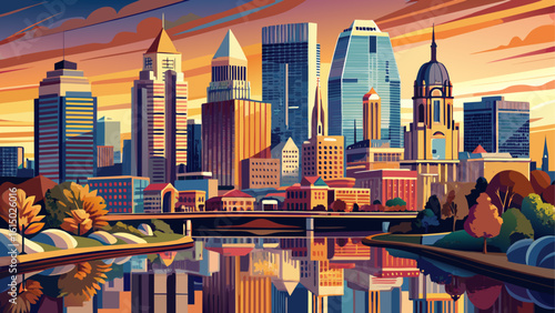 The Philadelphia, Pennsylvania skyline reflects in the Schuylkill River. Semi-realistic art captures historic charm and modern skyscrapers merging beneath soft golden-hour light.