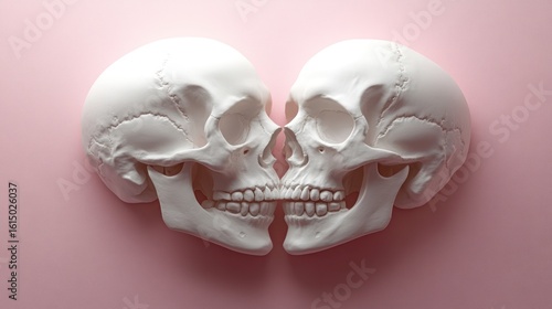 Two white skulls, positioned to form a heart shape, appear to kiss. Soft pink background