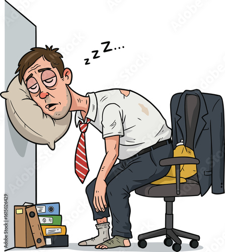 Flat vector of an office employee sleeping at desk with papers and computer, wearing office attire. Great for workplace humor or stress-related themes.