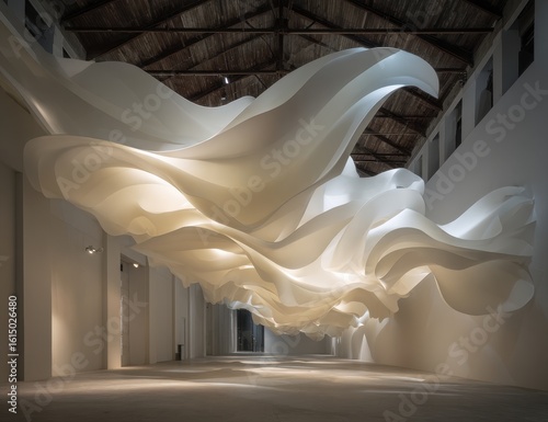 Cream-colored, flowing forms suspended in a spacious, white gallery