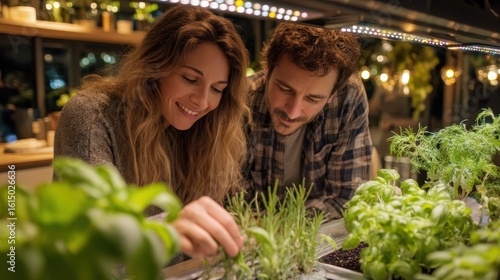 Man and a woman are looking at plants in a greenhouse