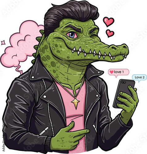 Flat vector of a flirty man with a crocodile head, winking and striking a playful pose. Perfect for humor, satire, or metaphorical character designs.