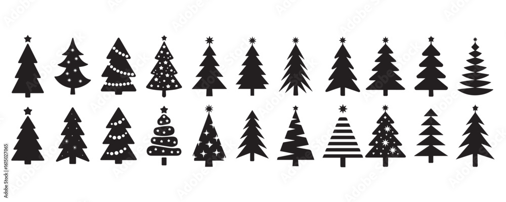 Obraz premium Set of Various Black Christmas Trees with Stars, Ornaments, and Patterns for Holiday Season Graphics and Art