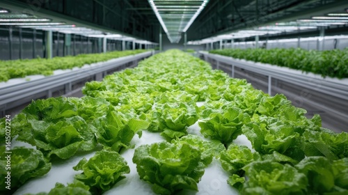 Row of green lettuce plants are growing in a greenhouse