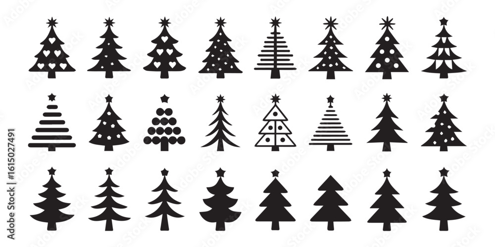 Obraz premium Stylish Black Christmas Trees with Stars, Snowflakes, and Ornaments for Seasonal Designs and Decorations