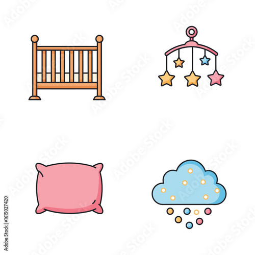 Baby items including crib mobile pillow and cloud with raindrops illustration