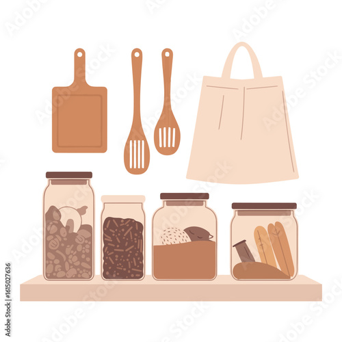 Vector illustration of vector art of kitchen essentials organized in jars and on a shelf