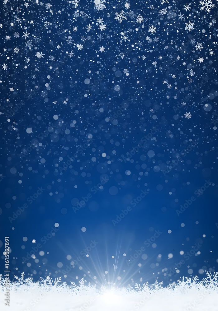 Obraz premium A winter-themed background with a deep blue gradient, Blue winter background with snow and snowflackes. a scattering of white snowflakes and small sparkles at the top, digital art,
