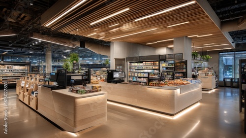 Store with a wooden counter and a green plant
